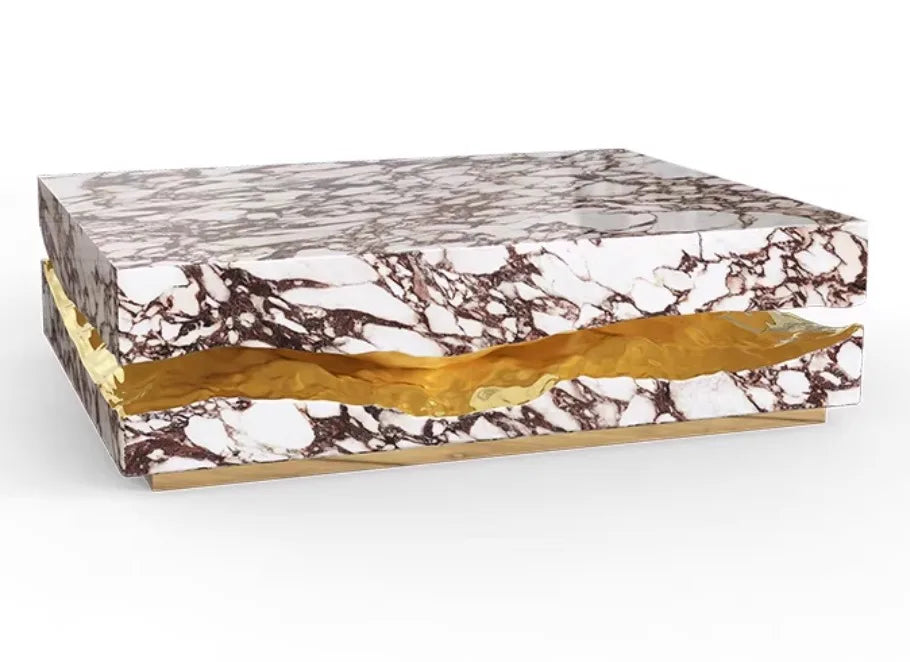 Italian Luxury Freeform Coffee Table w/ Metal Base -Designer Marble Top & Waterproof Surface for Villa Mansion Living Room Decor - Kimlud