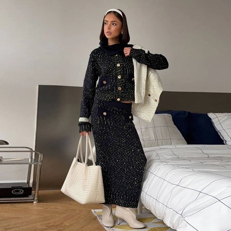 Fashion Knitted Long Skirts Sets Women Lapel Full Sleeve Single Breasted Sweater Hip Package Slim Skirt 2026 Spring Lady Outfits