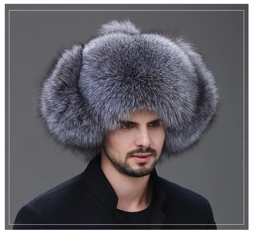 Men Real Fox Fur Beanies Hat Mongolian Hat Unique Process Fox Tail Design Luxury Winter Warm Hats For Fashion Men Bomber Hat