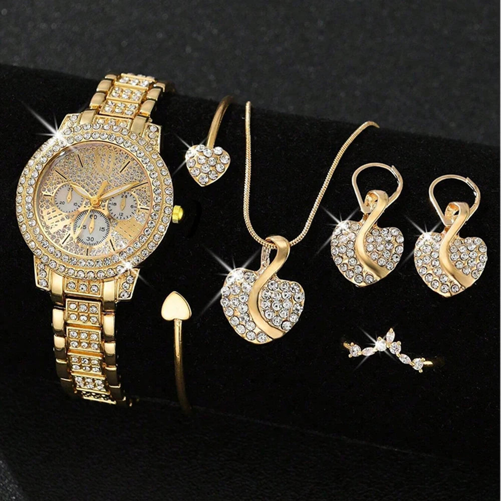 Women's Quartz Watch Gold Luxury Women Ring Necklace Earring Rhinestone Fashion Wristwatch Casual Ladies Watches Jewelry Set 