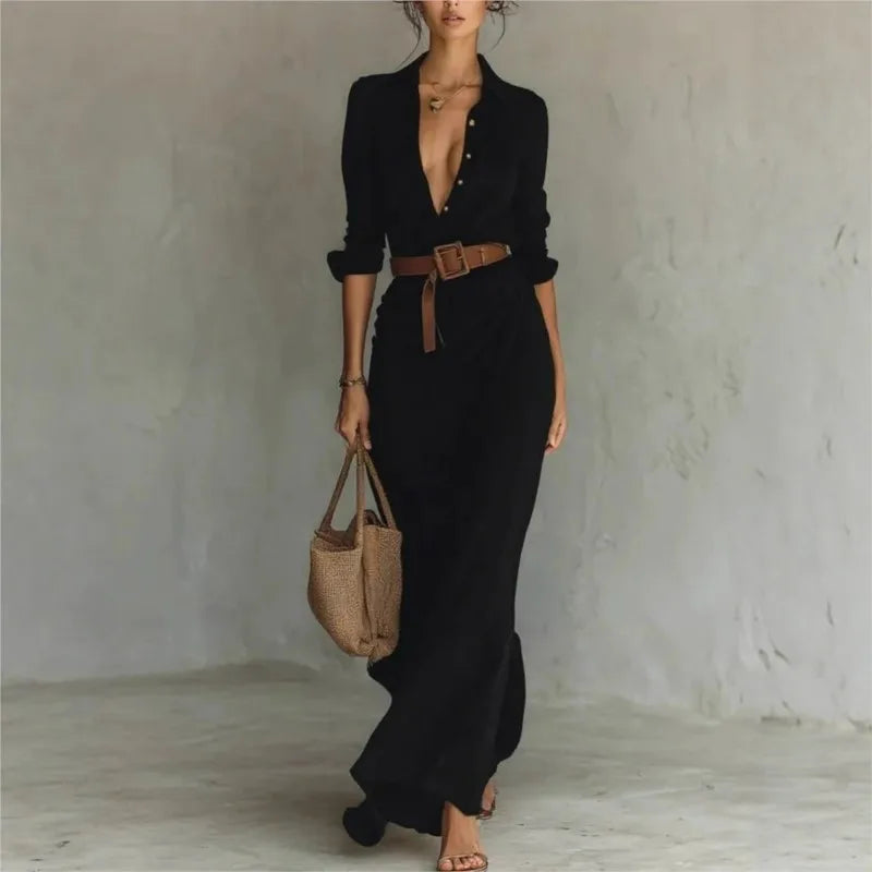 Elegant Solid Color Irregular Pleated Dress Belt Women's Autumn New Item Single Breasted Long Sleeved Shirt Long Frock Vestidos