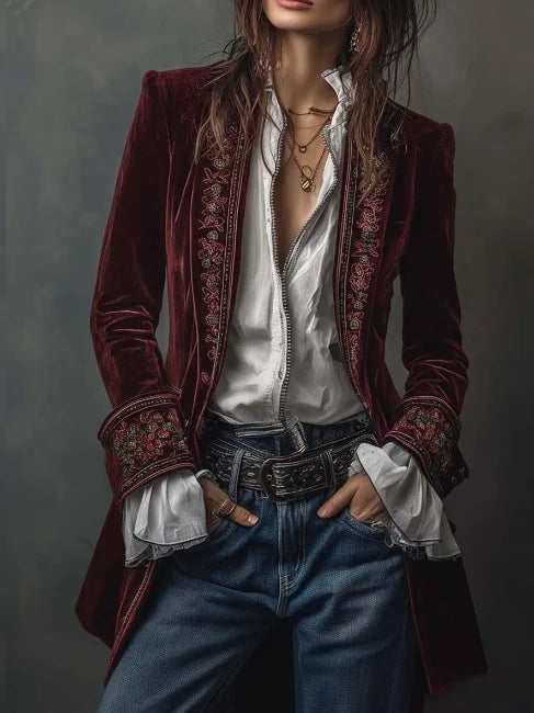 Long Sleeve Women's Outercoat Causal Autumn Winter Elegant Patchwork Velvet Slim Coat Vintage Pattern Print Cardigan Jackets