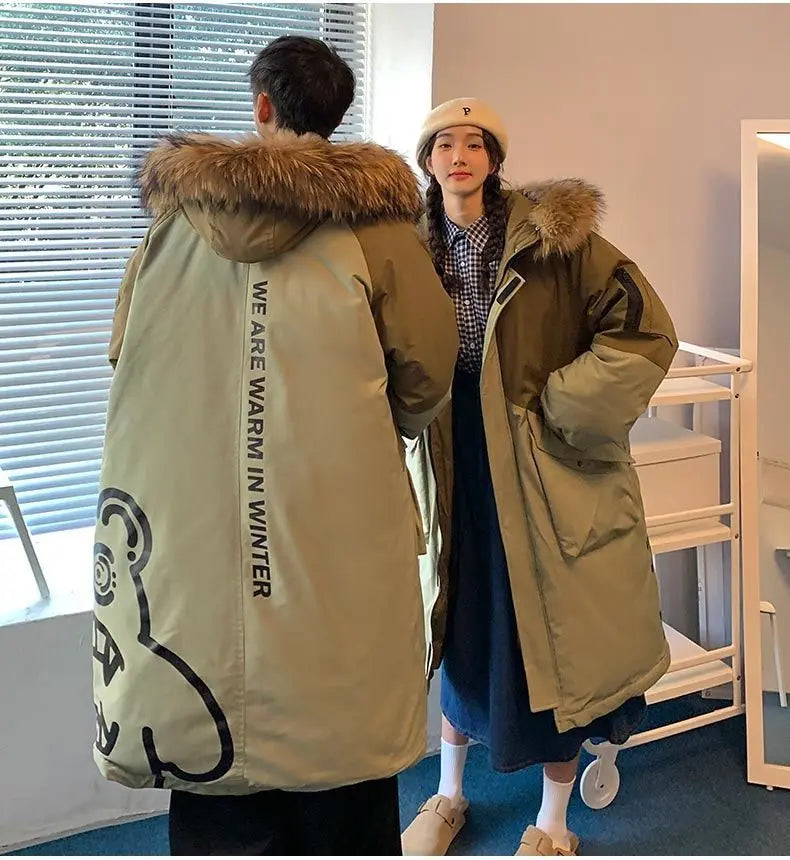 Men's Parkas Hooded Down Jacket Couple Mid-length Over-the-knee Loose Animal Fur Collar Jackets Zipper Pockets Thick Tops Coat