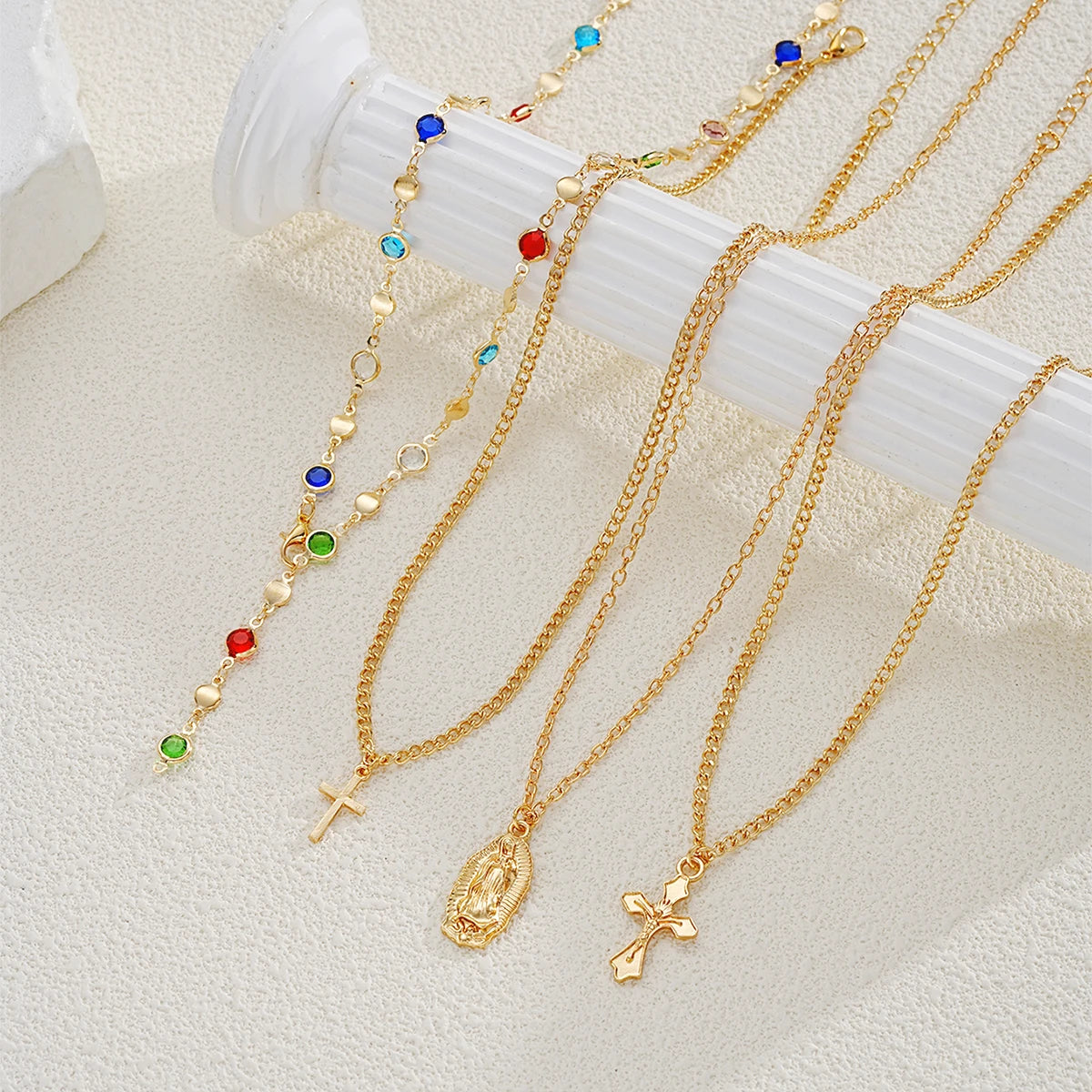 4Pcs/Set Cross Colorful Crystal Necklaces For Women Simple Gold Silver Color Y-Shaped Pendant Necklace Set New Christian Jewelry