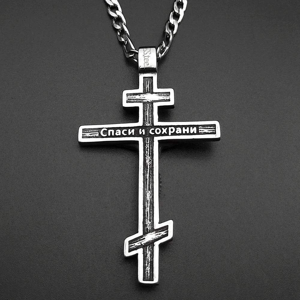 Vintage Orthodox Jesus Cross Pendant Necklace for Women Men Silver Color Stainless Steel Crucifix Baptism Hip Hop Chain Jewelry