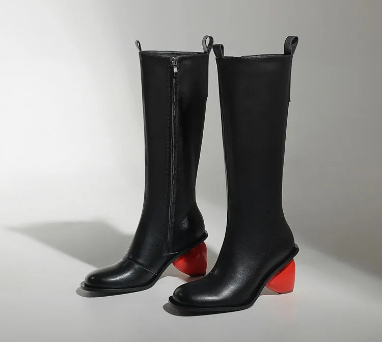 New Retro Sexy Round Toe Peach Heart Heel Side Zipper Knee High Boots European American Fashion Show Color Blocked Women's Boots