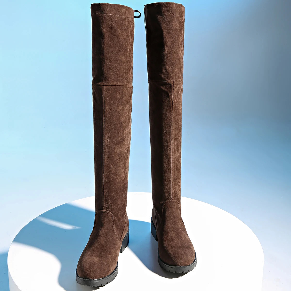 2024 New Women Boots Winter brown Over The Knee Boots Comfort Lace Up Chunky High Heels Shoes Fashion Warm Suede Round Toe Boots