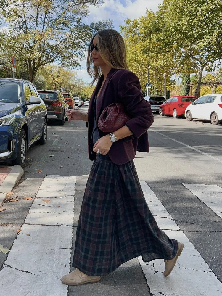 Casual V-neck Checkered Lace Up Suit Women Fashion Long Lantern Sleeves Single-breasted Slim Set 2025 Lady Commute street Outfit