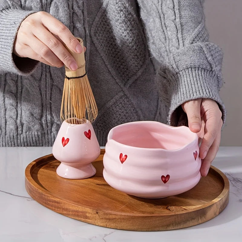 5pcs Pink Heart Decal Ceramic Matcha Set, Cute Matcha Set Includes Matcha Bowl, Matcha Whisk and Holder, Bamboo Scoop, Sifter