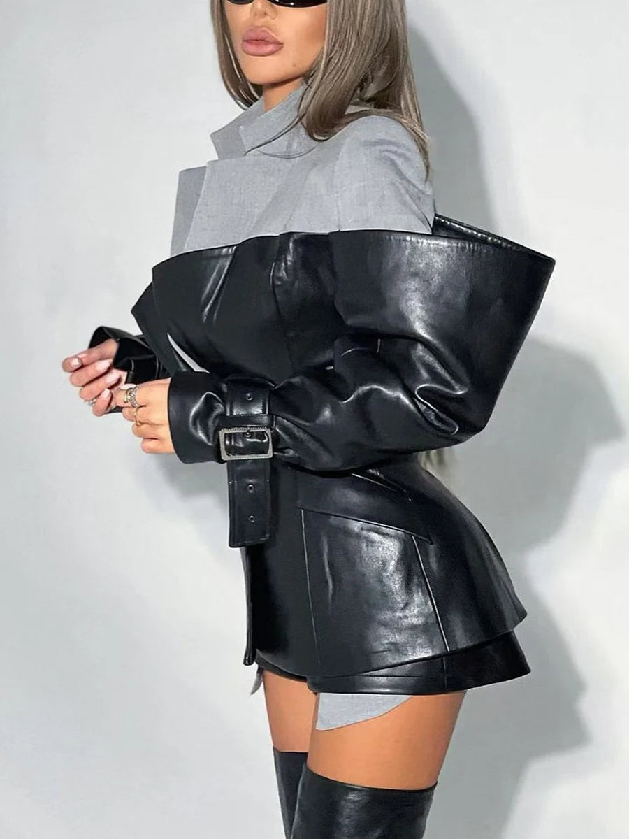 TWOTWINSTYLE Hit Color Slimming Fashion Jackets for Women Lapel Long Sleeves Tunic Patchwork Leather Streetwear Jacket Female - Kimlud