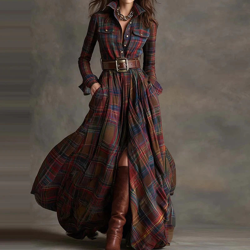 2025 Turn-Down Collar Patchwork Party Dress, Women Spring Autumn Long Sleeve Chic Maxi Dress, Plaid Printed Loose Cardigan Dress