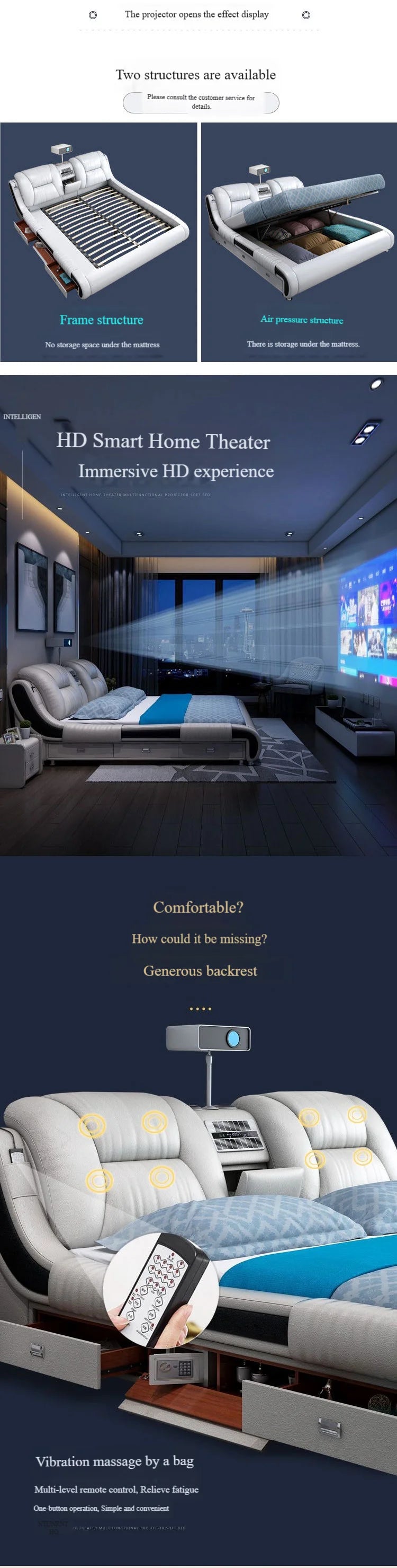 Modern Luxury Bedroom Furniture Smart Electric Massage Up-holstered Beds king Size Double Bed Mattress Plus Frame with...