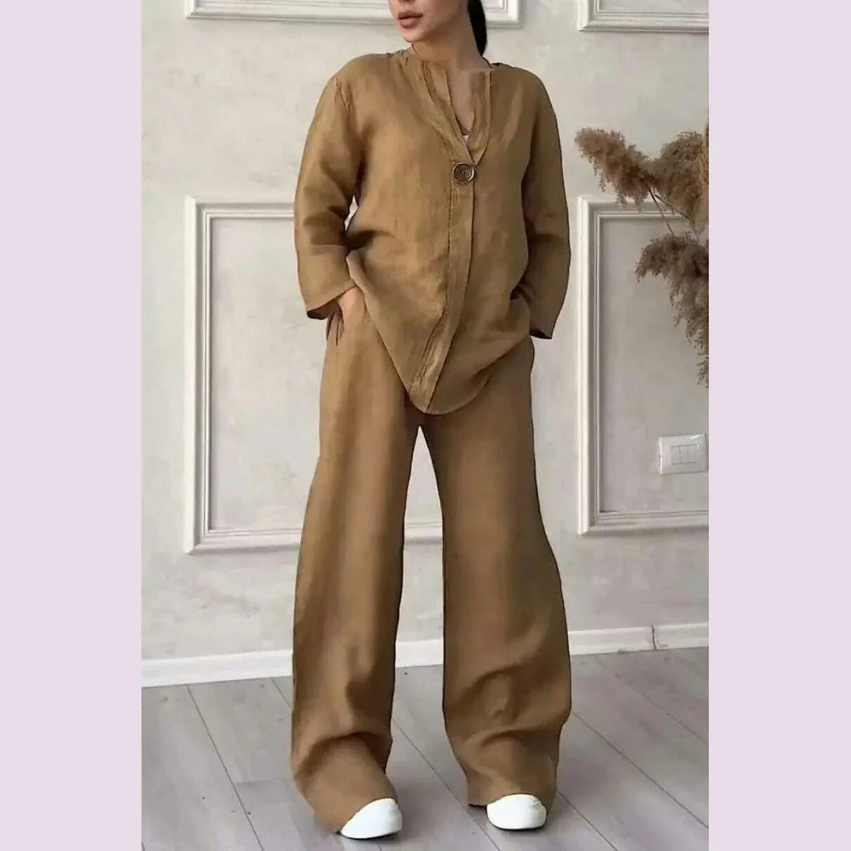 Women's Cotton and Linen Pants Suit Casual Solid Pullover Pants 2-piece Set White Pink Simple Wide Leg Pants Two Piece Set Suits