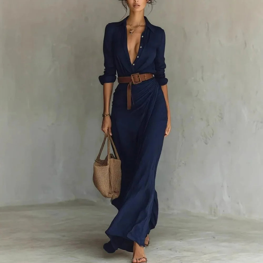 2025 New Autumn Woman Sexy Deep V Neck Hollow Long Dress Elegant Solid Belted Irregular Party Long Sleeve Slim Casual Dresses - Kimlud