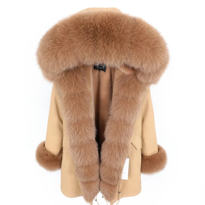 MAOMAOKONG 2024 Winter Women Coat Natural Fox Fur Collar Cuff Black Jackets Outwear Thick Luxury Real Fur Parka Women's Fur Coat