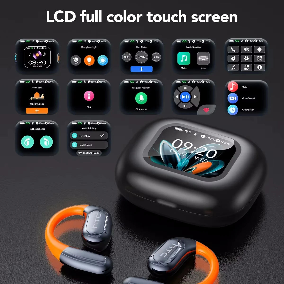 HTC NE27 Wireless Headphones AI Translator Earbuds OWS Sports Bluetooth Earphones Glowing Earhook Customizable Wallpaper Screen