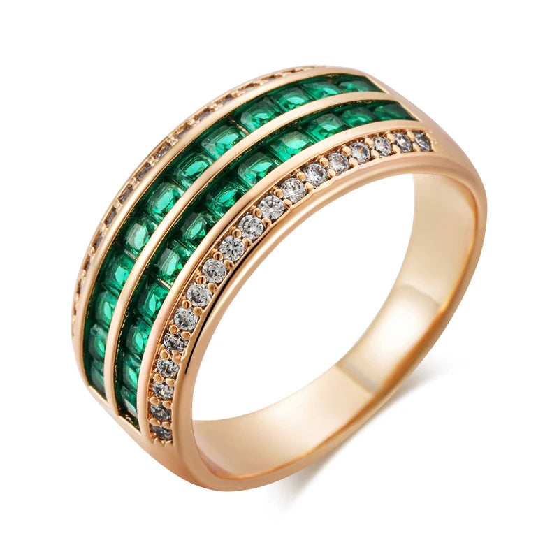 Kinel Luxury Full Green Natural Zircon 9mm Width Rings For Women Fashion Design 585 Rose Gold Color Modern Party Daily Jewelry
