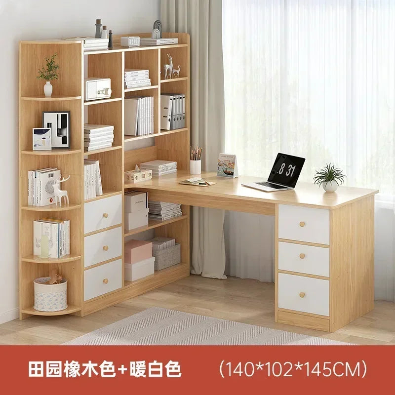 Computer Desk Bookshelf Integrated Shelves Drawers Large Laptop Home Bedroom Student Study Writing Desk Simple Office Table - Kimlud