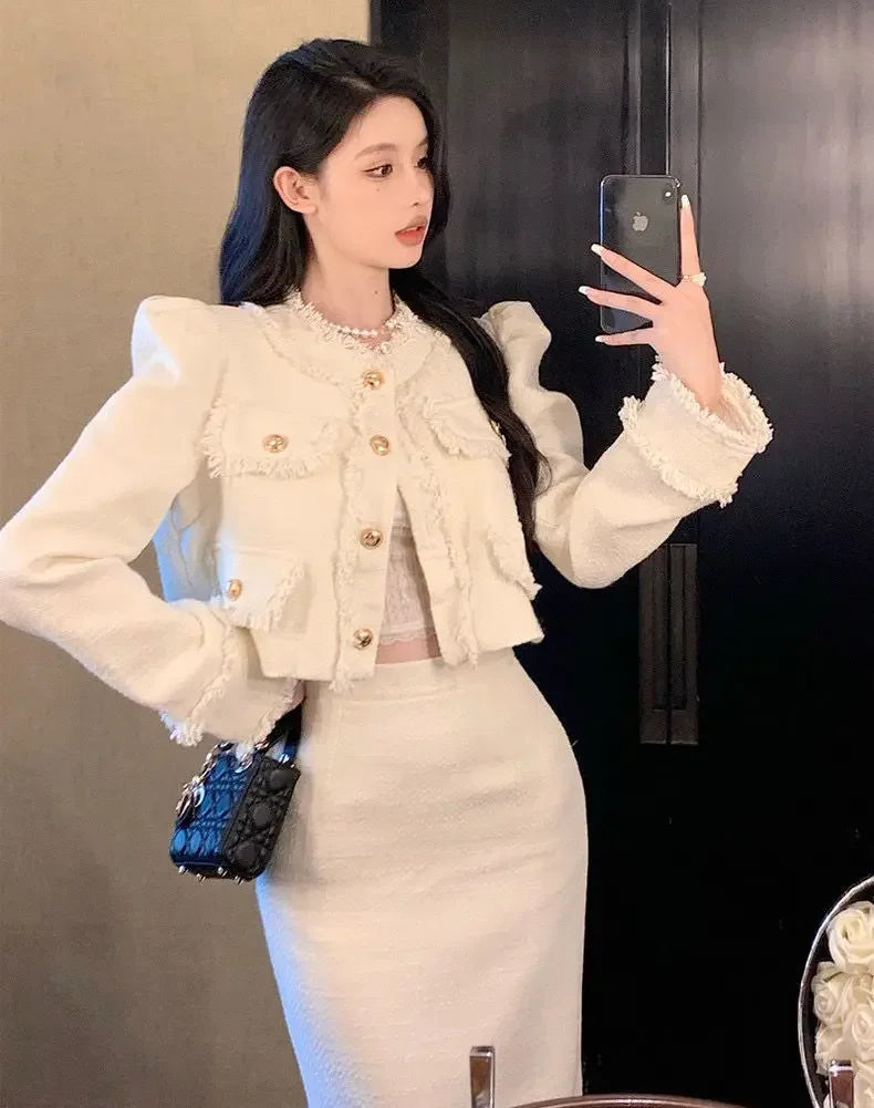Elegantsocialite Styletweed Long Sleeve Jacket Slimming Skirt New Autumn Fashion Korean Style 2-piece Set