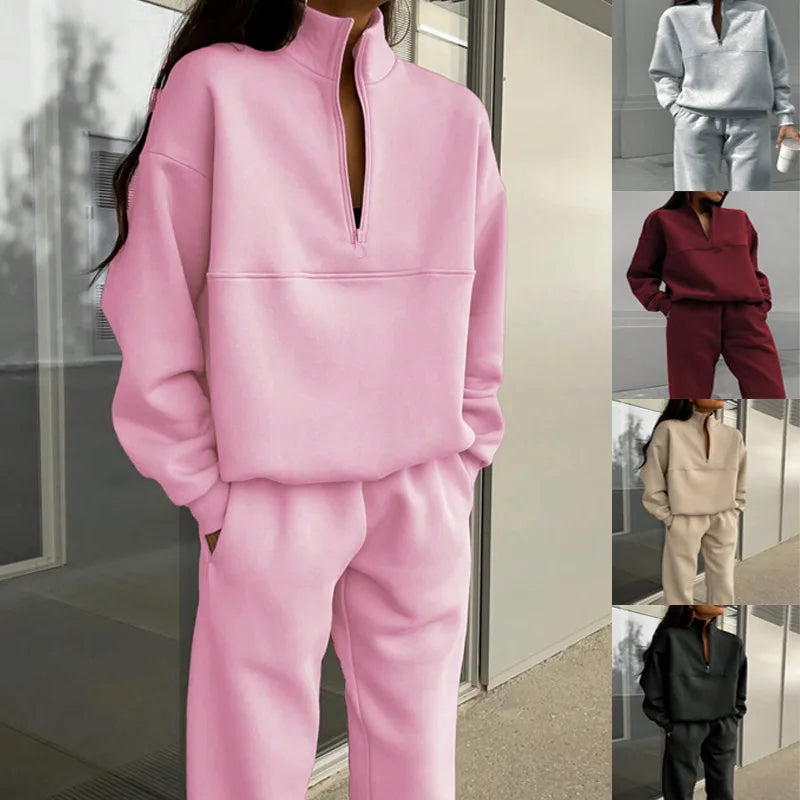 2025 Костюм Женский Спортивный Stand Collar Half Zipper Solid Color Long Sleeve Sports Pullover Sweatshirt Trousers 2 Piece Set