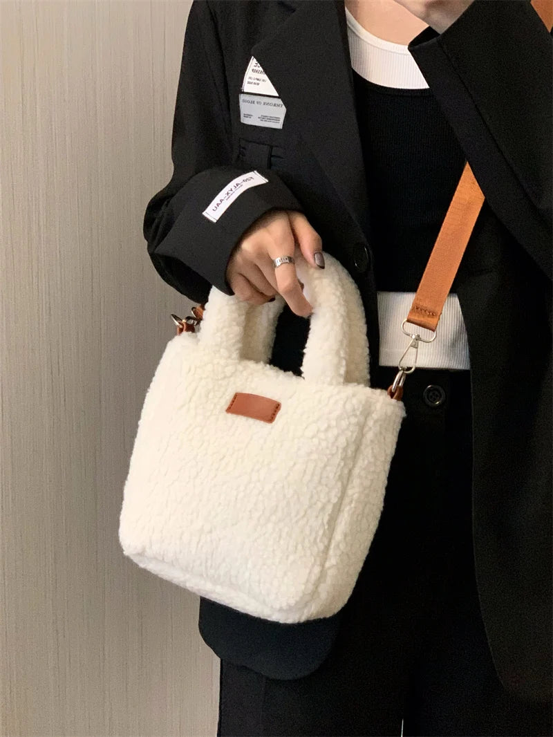 Faux Lamb Wool Women's Small Bucket Bags Winter Fashion Ladies Plush Shoulder Crossbody Bag Soft Furry Purse Female Handbags