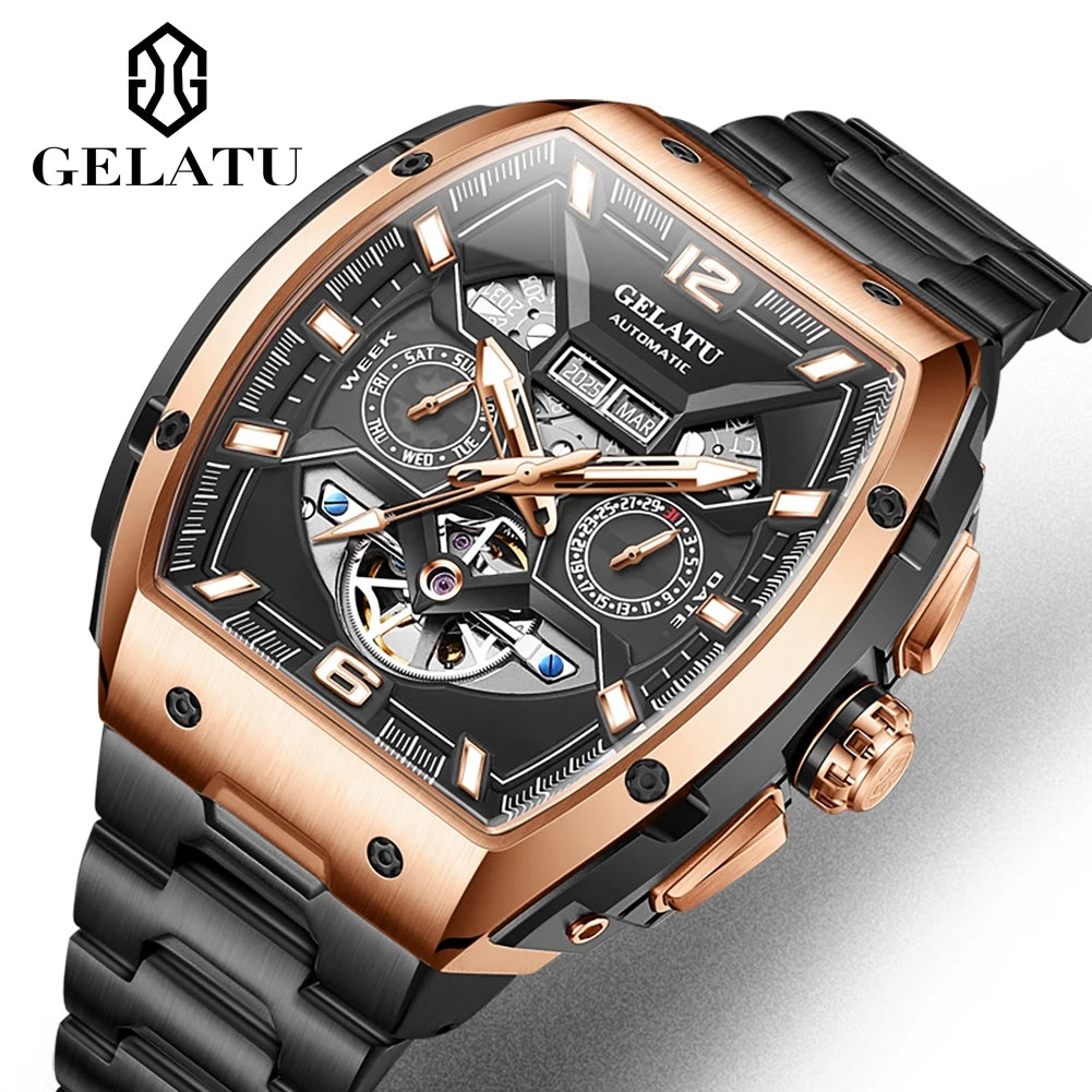 Reloj Hombre Watches Mens GELATU Top Brand Luxury Rose Black Skeleton Tourbillon Automatic Mechanical Watch for Men...