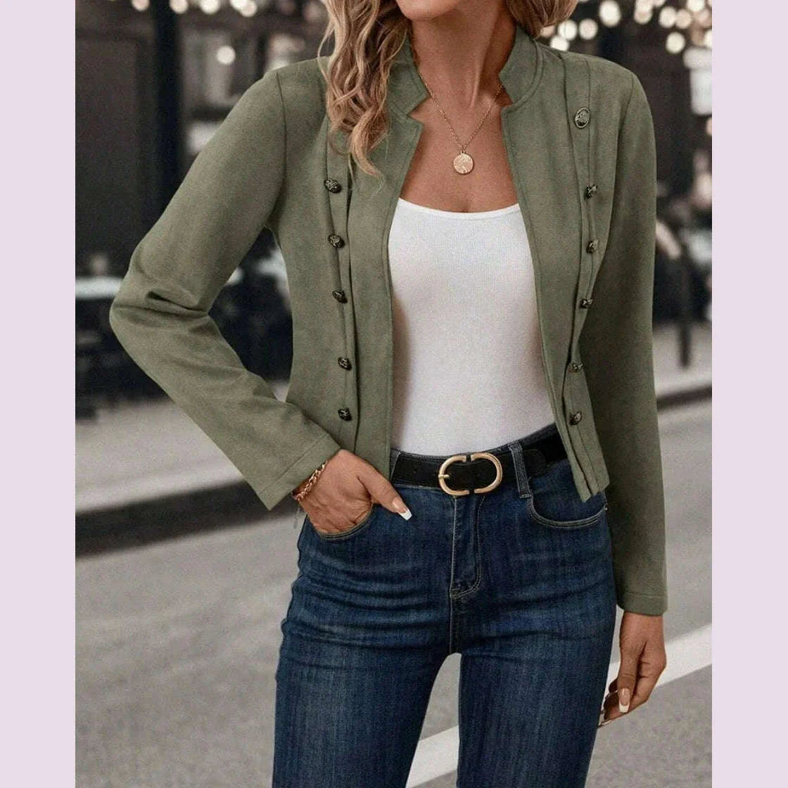 Spring Auutmn Jacket Blazer Coat Double-breasted Stand Collar Buttons Slim Long Sleeves Retro Cardigan Women Outdoor Suit Jacket