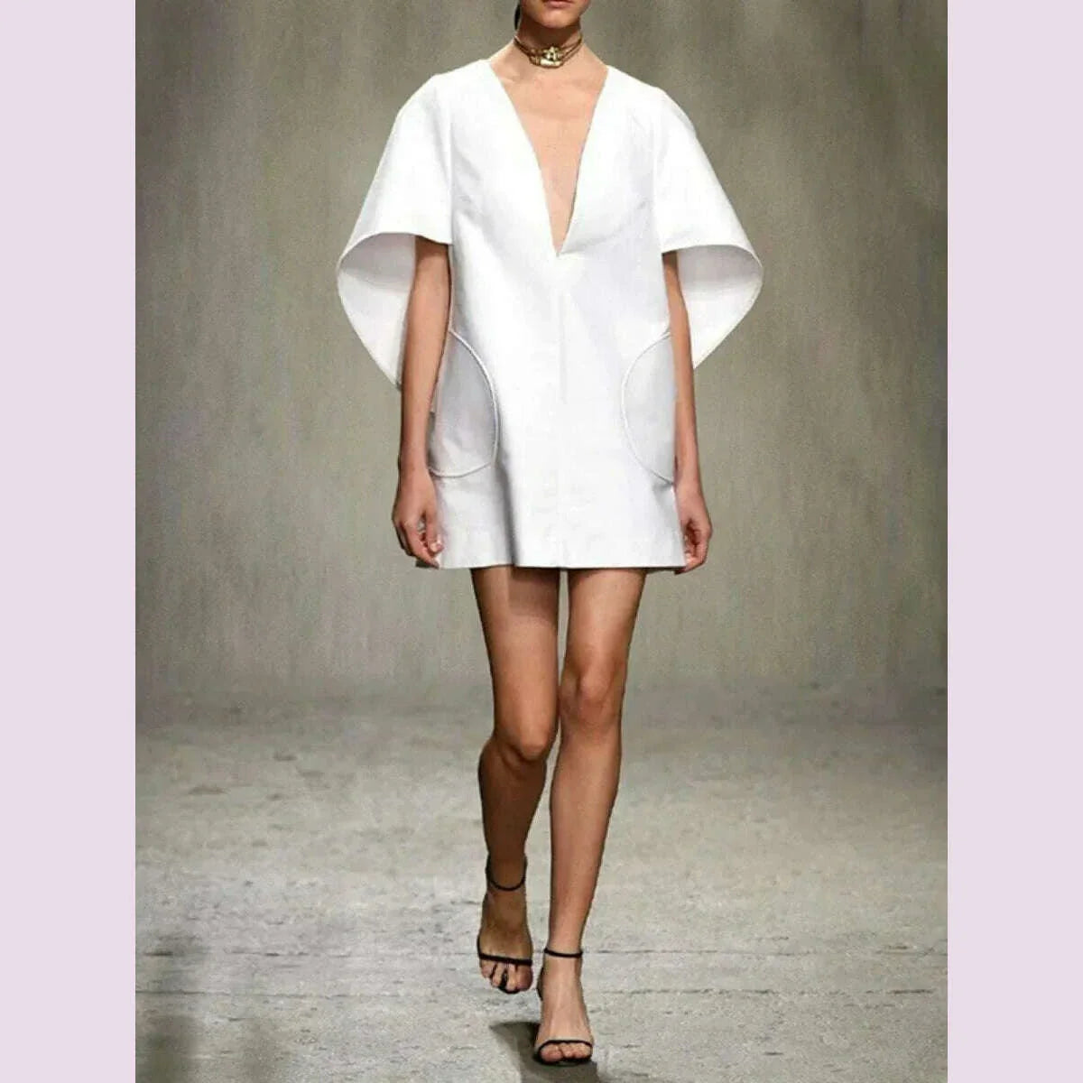 Yeezzi Fashion Black White Color Short Dress For Women 2024 New Spring Deep V-neck Half Sleeves Loose Prom Party Mini Dresses