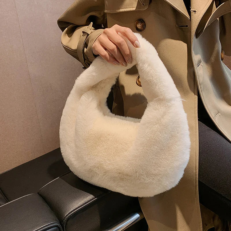 Solid Color Plush Dumpling Bag Simple Style Niche Design Faux Fur Handbag Tote Small Women's Underarm Hobo Bag