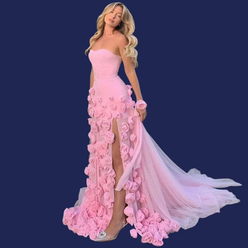 RFYR Pink Mermaid Charming Prom Dress 3D Flower Formal Gown Sleevesless Evening Gown with Side Slit vestidos de noche Customized