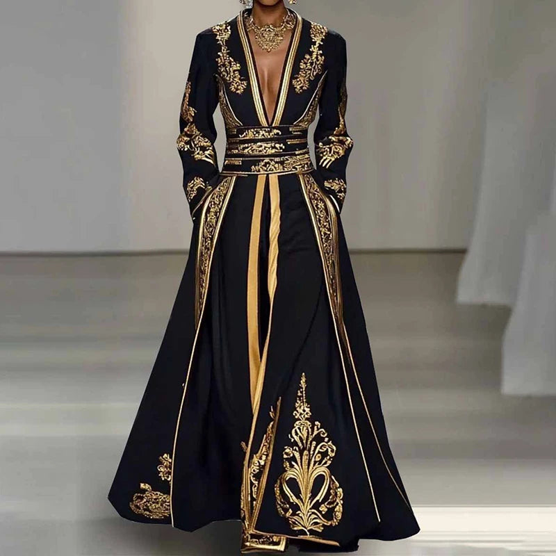 Retro Patchwork Printing Fashion Maxi Dress, Women Autumn Long Sleeve Chic Party Dress, 2025 V Neck Vintage Loose Ladies Dresses