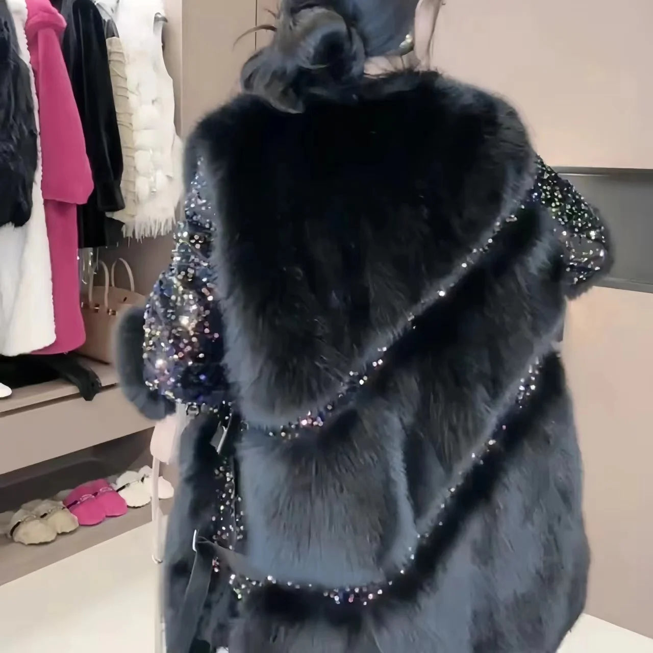 Faux Fur Coat for Women, Turn-down Collar Jacket, Loose Spliced Overcoat, Covered Button, Sequins, Female, New, Winter