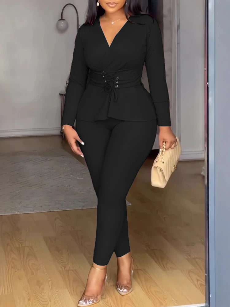 Pant Set Women Two Piece Sets V Neck Elegnt Work Solid Casual Slim Fit High Waist Tops Matching Sets Long Pants Slim Fit 2025