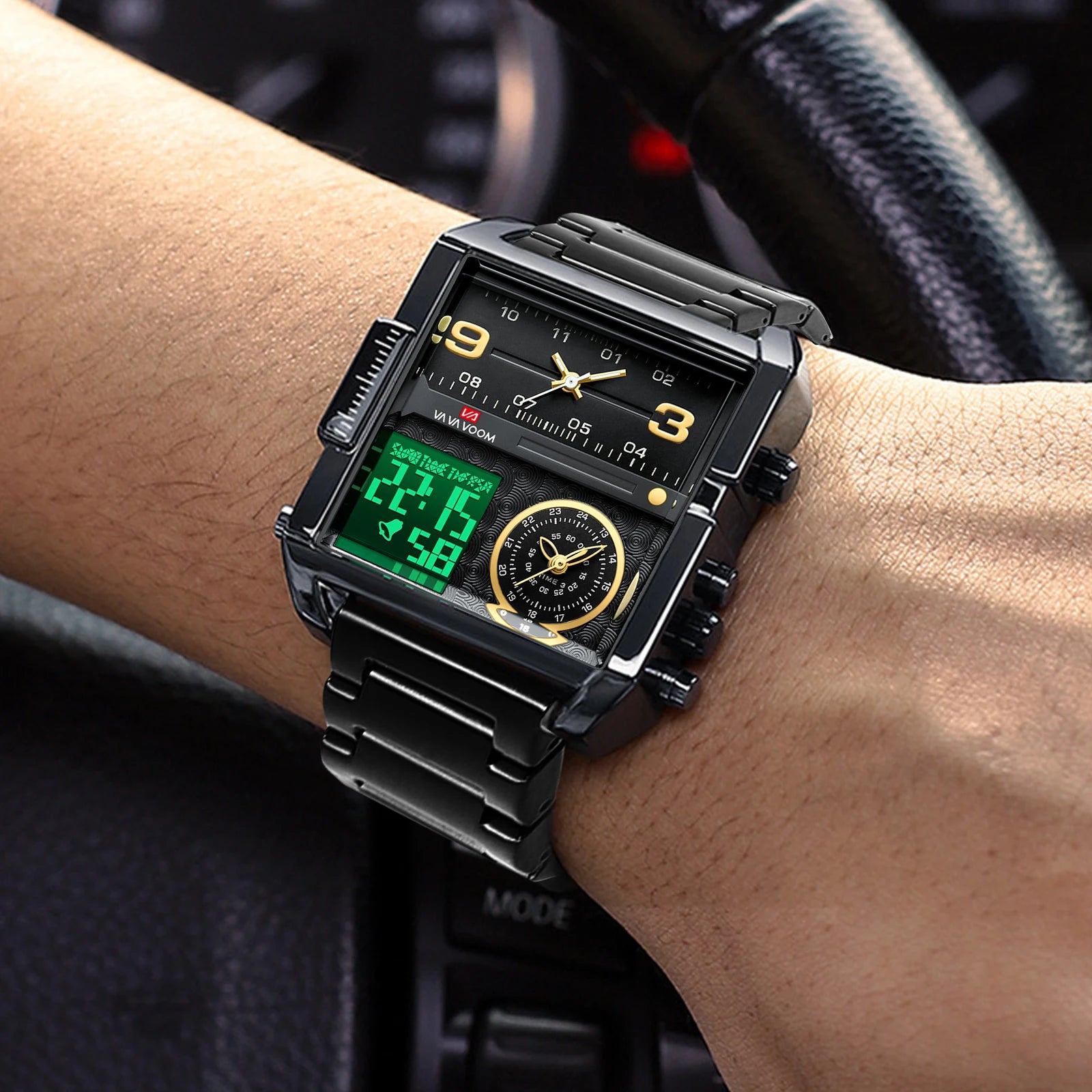 2025 New Men LED Watch Fashion Square Creative Quartz Movement Black Stainless Steel Waterproof Timing Electronic Watch for Men - Kimlud