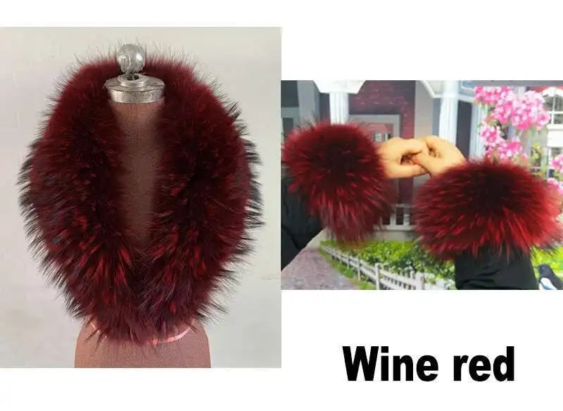 Elegant Luxury Raccoon Fur Collar Cuff Set Large Size 100% Real Fur Scarf Thick Warm Ladies Shawl Coat Collar Women Winter