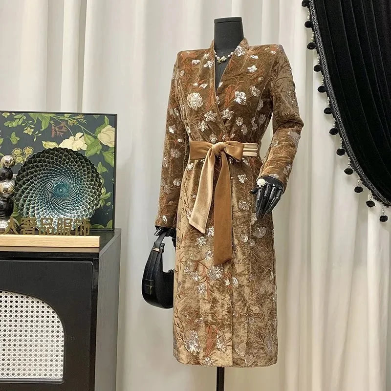 BESTBAFU Luxury Sequin Party Jacket Women Chinese Style Retro Embroidered Velvet Coat Winter v-Neck Belt Long Outerwears 261F