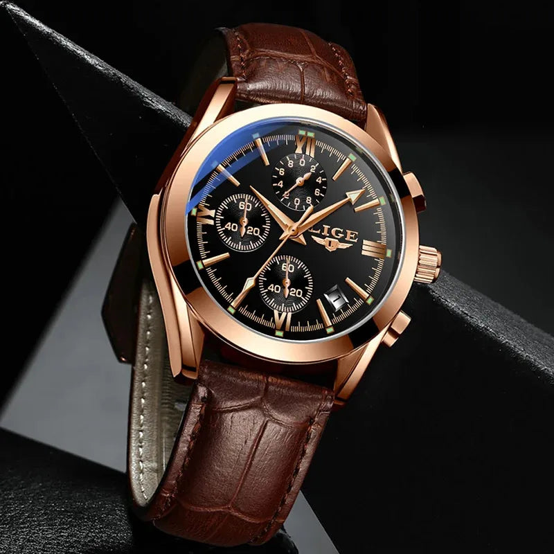 LIGE Fashion Men Watches Top Brand Luxury Military Quartz Watch for Men Business Leather Waterproof Casual Sport Chronograph New