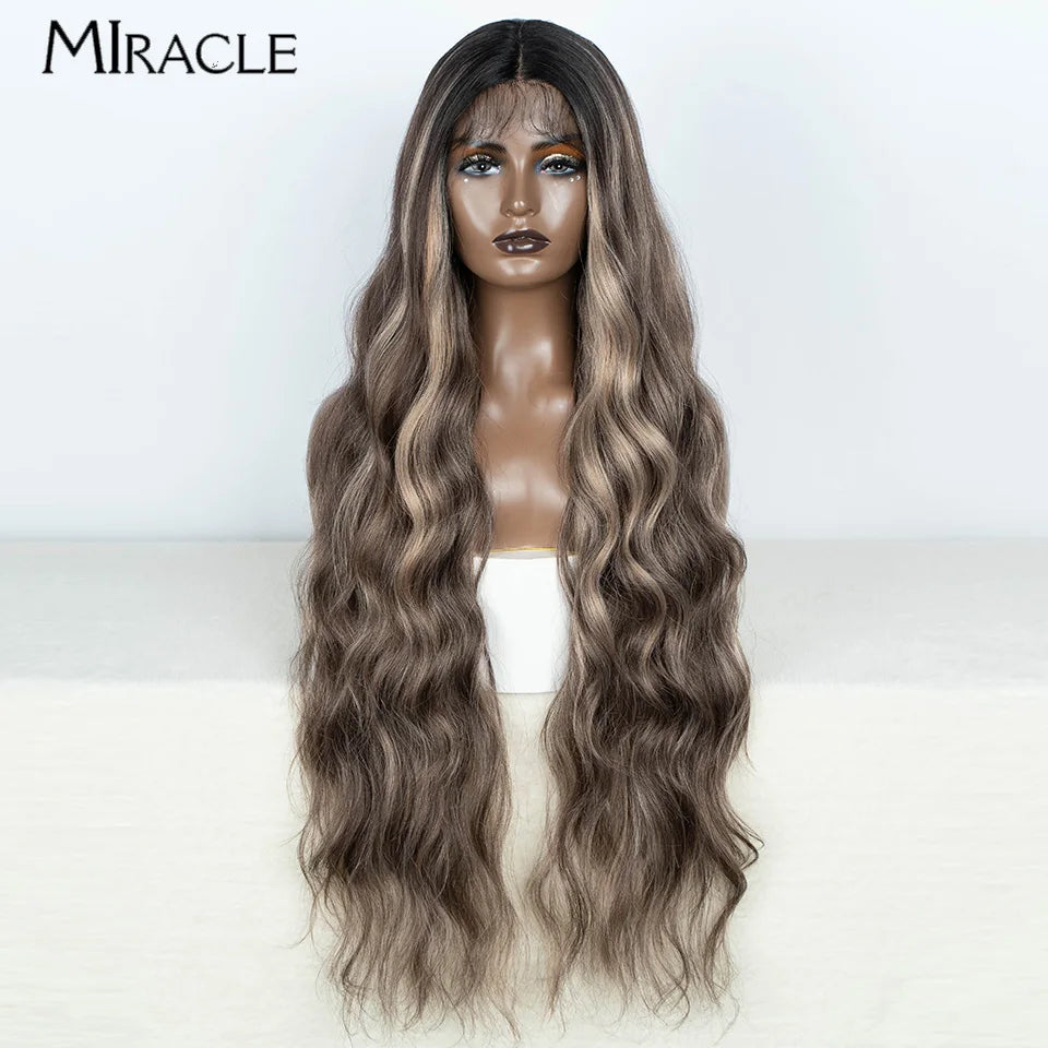 MIRACLE Synthetic 34 Inch Lace Front Wig for Women Ombre Blonde Loose Wave Wigs Famale Cosplay Wig Long Lace Wigs Wavy Fake Hair