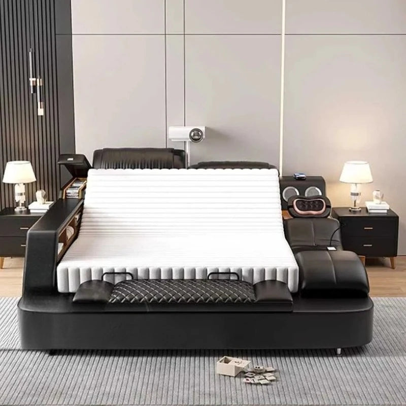 Nordic Multifonction Double Bed Side By Side Leather Luxury King Size Bed Frame Platform Wood Design Lit Bedroom Set...