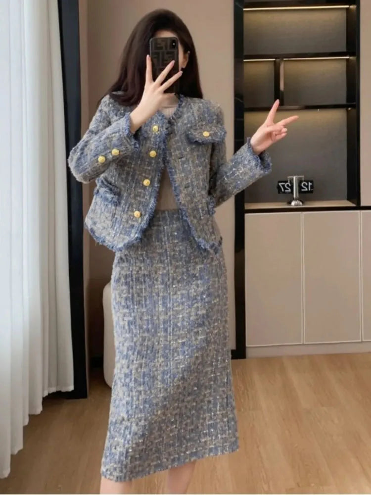 2025 Spring Autumn New Tweed Suit Skirt Women's Fashion Loose Sweet Single-Breasted Casual Chic Jacket Two-Piece Sets