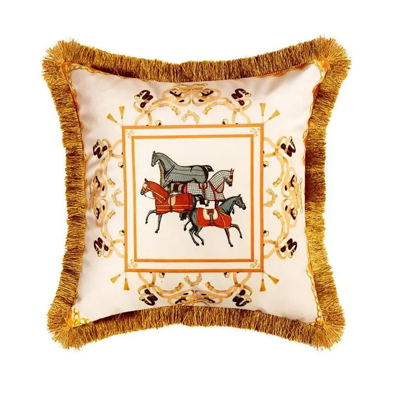European Retro Horse Printed Pillow Cover Sofa Gold Tassel Pillowcase Velvet Fabric Cushion Cover | Kimlud Premium Pillow