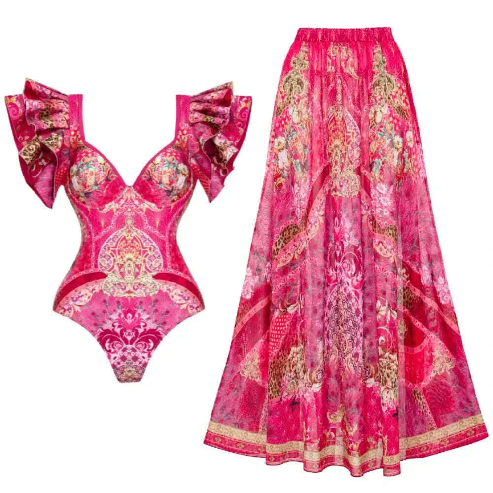 FLAXMAKER Ruffled Rose Red Blooming Flower Print One Piece Swimsuit and Skirt Women Beachwear Luxury Bathing Suit