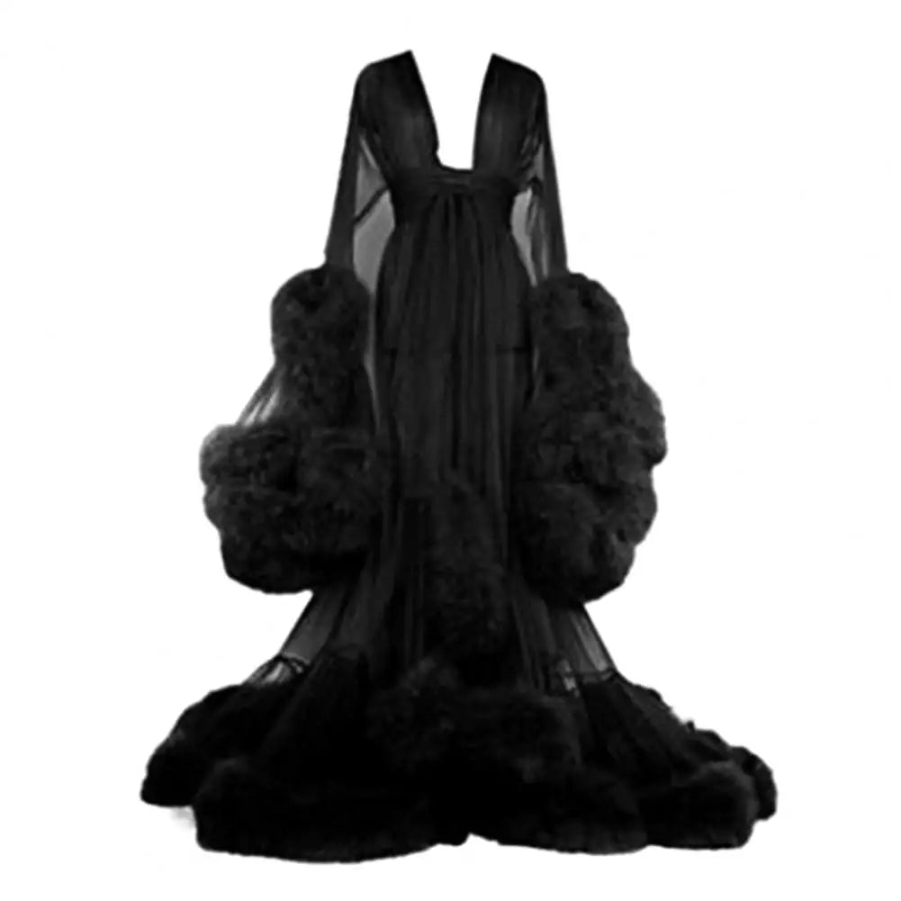Wedding Night Mesh Dress Fluffy Trim A-line Mesh Dress Translucent Lace-up Bow Waist Seductive Bathrobe Cocktail Party Dresses