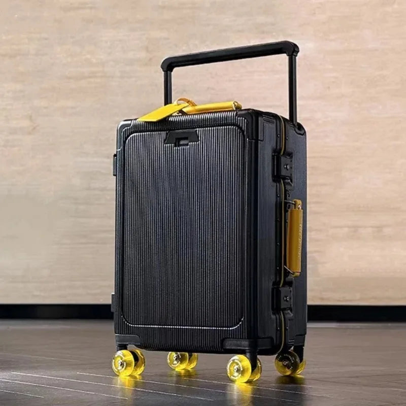 Front Opening Pocket Rolling Luggage Aluminum Frame Wide Handle Trolley Suitcase with Colorful Silent Wheels & USB Charging Plug