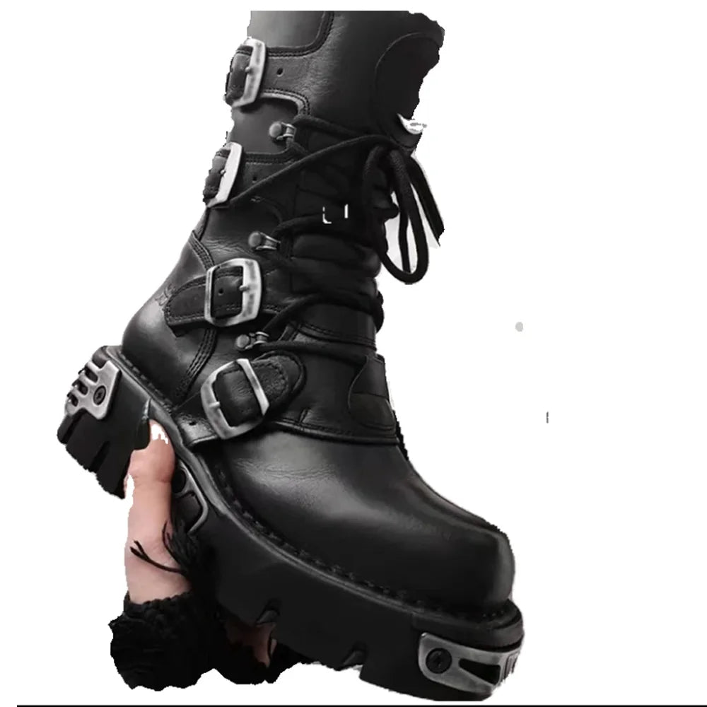 Men's Fashion Genuine Leather Motorcycle Boots Goth Skull Punk Boots New Unisex Mid-calf Cowboy Boots Metallic Combat...