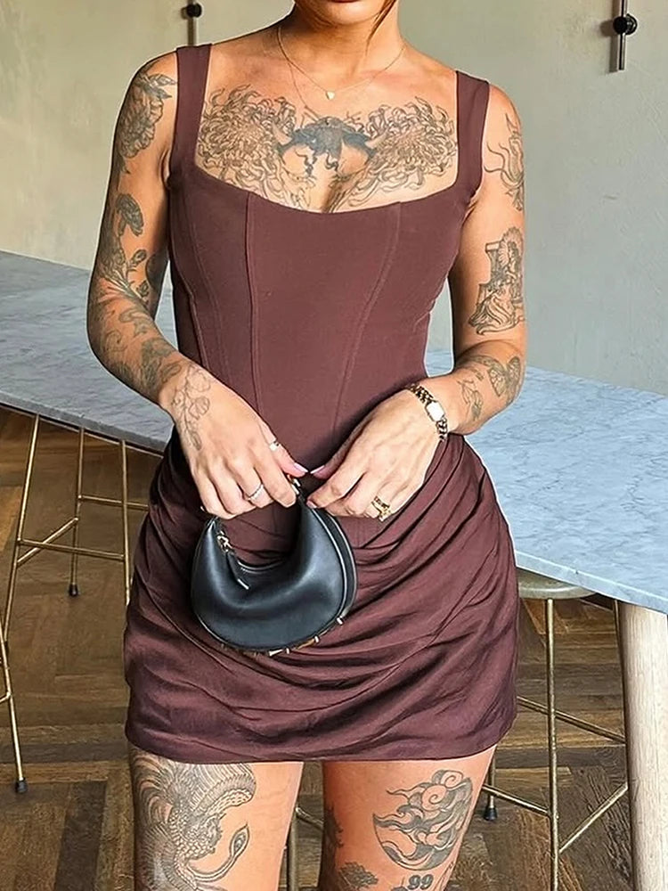 Nibber Peach Hip Dress Women Elegant Christmas Low Chest Sleeveless Ruched Patchwork Birthday Party Dating Chic Skinny Clubwear