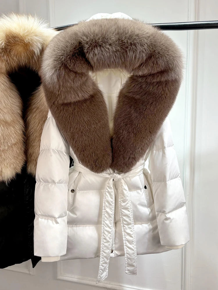 2025 New Natural Thick Warm 90% White Goose Down Coat Long Winter Jacket Women Real Big Fox Fur Collar Belt Loose Puffer Parka