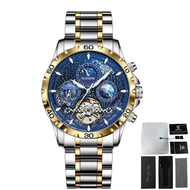 GLENA Men Multifunctional Watches Luxury Fashion Business Watch Mens Waterproof Mechanical Watch Montre Homme Relogios Masculino