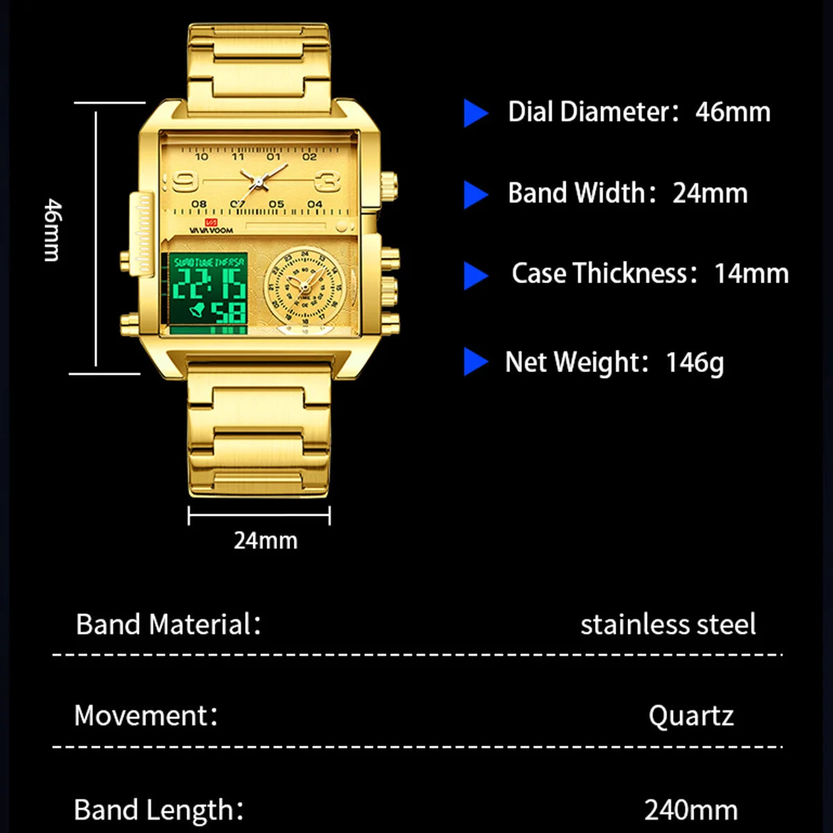 2025 New Men LED Watch Fashion Square Creative Quartz Movement Black Stainless Steel Waterproof Timing Electronic Watch for Men - Kimlud