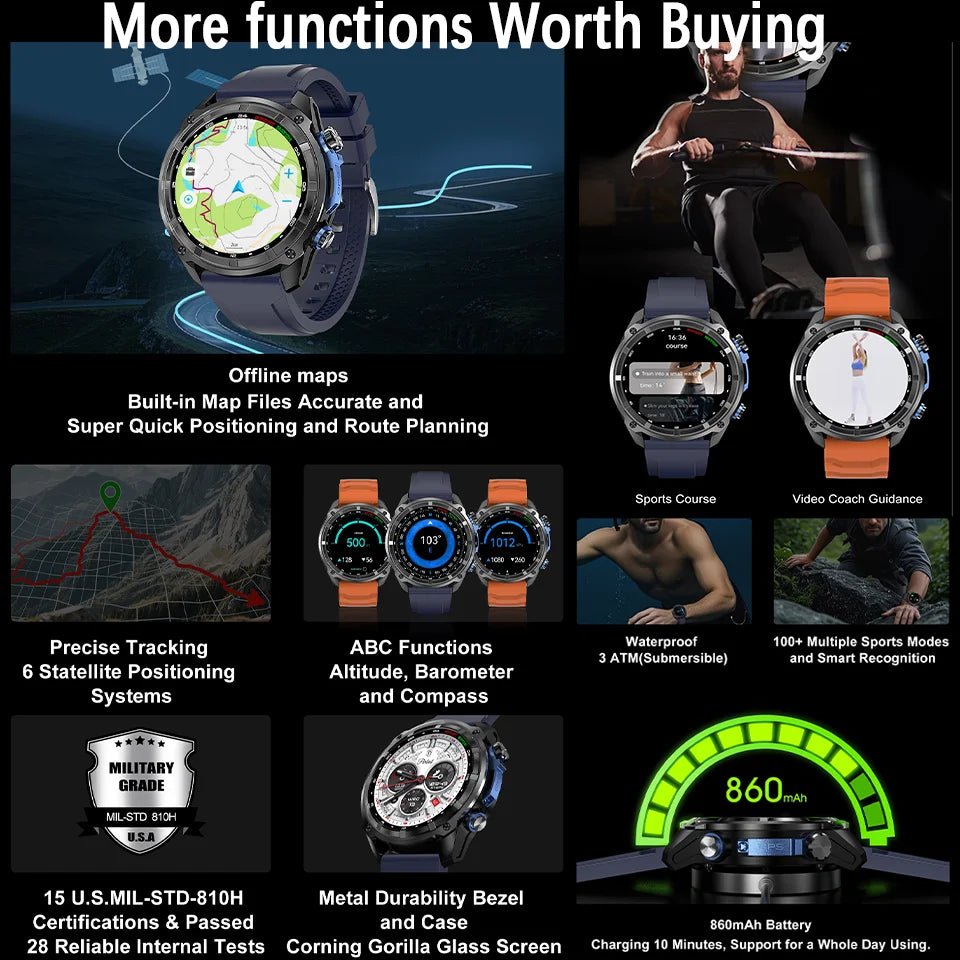 NEW 2025 GPS Smart Watch with Offline Maps 4GB Memory Video Player Military Sports Smartwatch Men 30m Swimming Waterproof AMOLED